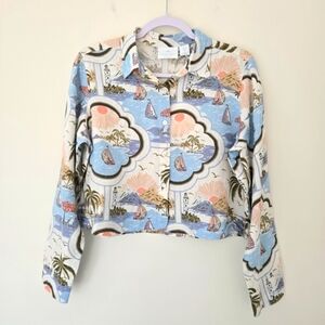 Cynthia Rowley 100% Linen Coastal Sailboat Print Cropped Shirt‎ S